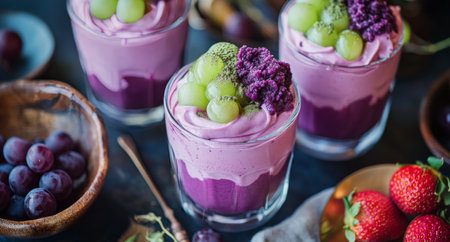Three vibrant dessert cups showcase layers of creamy purple and pink textures, topped with fresh grapes and a hint of greenの素材