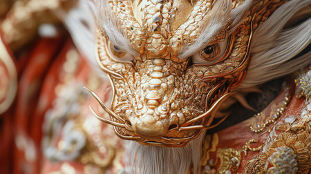 A stunning golden dragon sculpture rests on a smooth surface against a bright red backdrop, showing its detailed scales and fierce expression, evoking a sense of power and majesty.の素材
