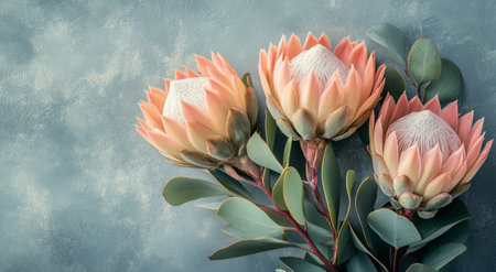 Three striking protea flowers with delicate pink petals and white centers are elegantly arranged against a soft, neutral backdrop, highlighting their natural beauty and floral design.の素材