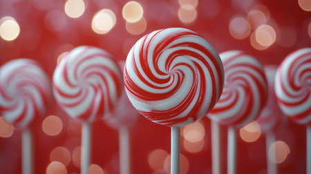 Bright red and white peppermint candies are arranged attractively on a shiny surface, creating a cheerful and festive atmosphere, perfect for events and celebrations.の素材