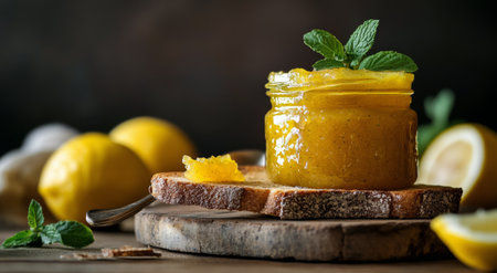 Lemon marmalade is spread on a slice of rustic wooden bread, surrounded by fresh lemons and mint leaves, creating a vibrant, inviting atmosphere in a cozy setting.の素材