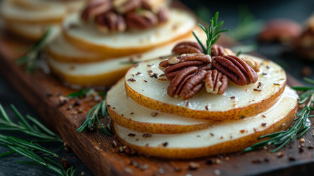 Baked pears sit on a rustic wooden table, adorned with crunchy pecans and fresh rosemary, radiating warmth and richness from the golden, glazed fruit.の素材