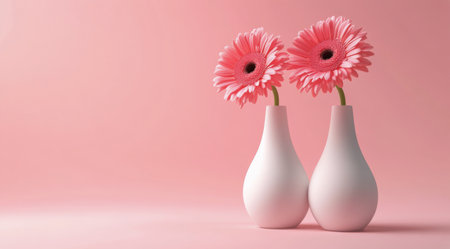 Two elegant white vases hold vibrant pink gerbera daisies, creating a cheerful and charming floral arrangement. The soft pink background enhances the beauty of the flowers.の素材