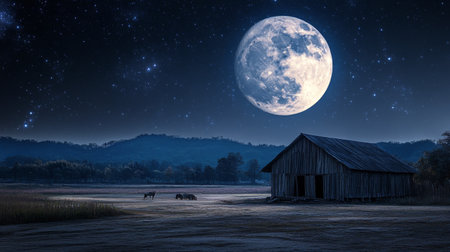 The enormous moon fills the sky, displaying its craters and textures above a modern building at night. Stars twinkle in the background, creating a stunning celestial view.の素材