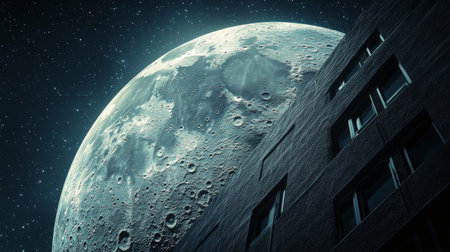 The enormous moon fills the sky, displaying its craters and textures above a modern building at night. Stars twinkle in the background, creating a stunning celestial view.の素材