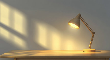 A wooden table features an adjustable desk lamp that casts a warm glow in a minimalist interior. The atmosphere is calm and inviting, perfect for reading or working.の素材