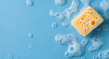 A yellow sponge covered in bubbles lies on a blue surface. The foam surrounds the sponge, indicating it's used for cleaning. This colorful arrangement presents a fresh and inviting scene.の素材