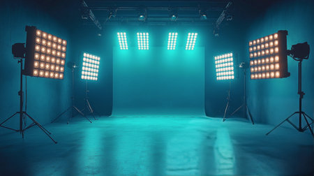 Bright lights illuminate a spacious studio with a soft blue backdrop, creating an ideal environment for photography or videography. The arrangement supports various creative projects.の素材
