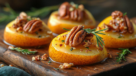 Baked pears sit on a rustic wooden table, adorned with crunchy pecans and fresh rosemary, radiating warmth and richness from the golden, glazed fruit.の素材