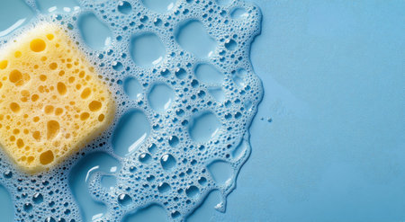 A yellow sponge covered in bubbles lies on a blue surface. The foam surrounds the sponge, indicating it's used for cleaning. This colorful arrangement presents a fresh and inviting scene.の素材
