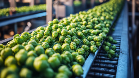 Bright green hops are moving along a conveyor belt in a processing facility, showing the harvest season. Workers can be seen in the background sorting the hops, preparing for distribution.の素材