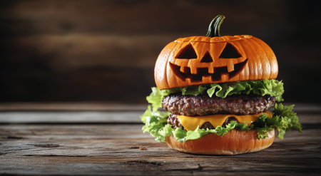 A pumpkin is carved with a jack-o'-lantern face, sitting atop a juicy burger patty and fresh lettuce. Colorful autumn leaves surround the arrangement, enhancing the festive atmosphere.の素材