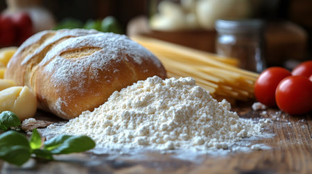 A rustic wooden table displays freshly baked bread alongside different pasta shapes, flour, and eggs, showing the essence of homemade cooking with natural ingredients.の素材