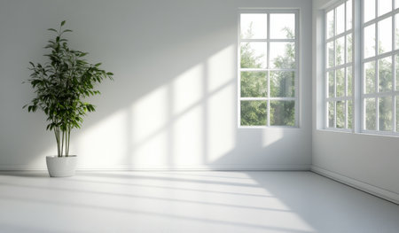 A spacious and minimalistic room with a large window allowing natural light to illuminate the space. An indoor plant in a white pot adds a touch of greenery to the serene setting.の素材