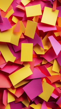A lively display of sticky notes in shades of pink, yellow, and orange creates an energetic atmosphere, illustrating the importance of organization and creativity in planning and brainstorming.の素材