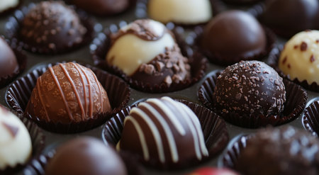 A beautiful array of various artisan chocolates showcases unique shapes and colors, perfect for gifting or celebrating. The assortment includes dark, milk, and pink varieties.の素材