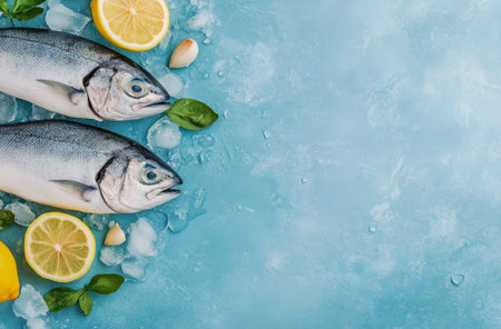 Two fresh fish accompanied by slices of lemon and cloves of garlic are placed on a cool blue surface, creating a vibrant and appetizing setup for culinary preparations.の素材