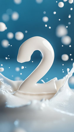 A large, white number two bursts out of splashing water, with droplets flying in all directions against a bright blue backdrop, capturing a moment of intense motion and energy.の素材