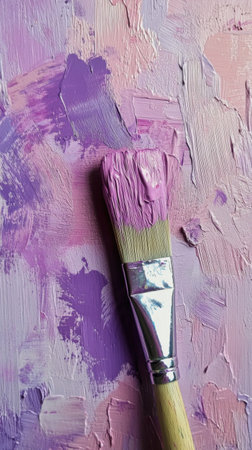The scene showcases a paintbrush coated in rich purple paint against a backdrop of blended pastel colors. The texture adds depth and artistic flair, highlighting the process of creative expression.の素材