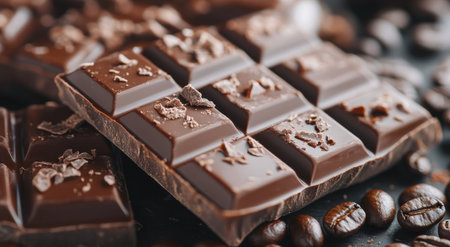 Rich dark chocolate bars are artfully arranged on a wooden surface, surrounded by cocoa beans and shavings, illuminated by warm, natural light creating an inviting atmosphere.の素材
