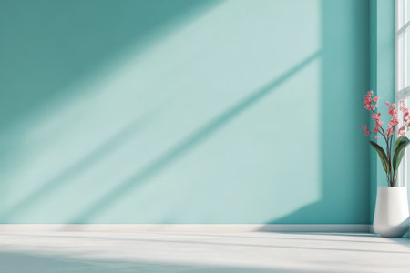 A spacious room features turquoise walls and a white floor, with sunlight casting shadows through large windows, creating a serene and inviting atmosphere. The space is ready for personalization.の素材