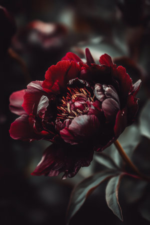 A stunning dark red peony blooms with velvety petals, showing intricate details and vibrant color, captured in a garden as the soft afternoon light enhances its beauty.の素材