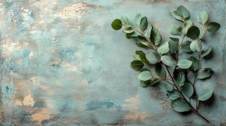 Fresh green leaves create an elegant border around a rich brown backdrop, emphasizing a natural aesthetic. This composition is ideal for showcasing various creative projects.の素材