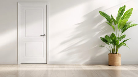 A bright, minimalist room showcases a large potted plant beside a white door, with sunlight filtering through the window, creating a calming atmosphere on the wooden floor.の素材