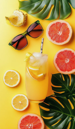 A vibrant composition featuring a glass filled with a refreshing citrus drink, adorned with fresh mint leavesの素材
