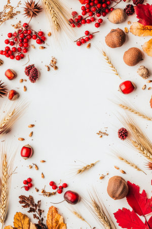 A colorful arrangement featuring various autumn elements, including berries, leaves, and grains, beautifully spread on a white backdrop, perfect for seasonal decorations and crafts.の素材