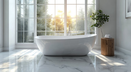 A serene bathroom showcases a sleek freestanding tub beside a wooden stool, illuminated by bright sunlight filtering through large windows. The elegant space exudes tranquility and modern design.の素材