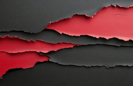 Torn strips of vibrant red paper create a dynamic contrast against a deep black textured backdrop, highlighting the interplay between colors and textures in a visually engaging manner.の素材