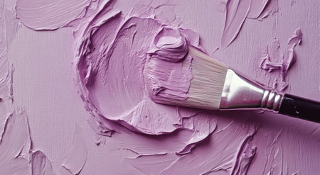 A brush touches a vibrant lavender paint layer on a canvas, showing the smooth texture and artistic process in an art studio environment, highlighting creativity in action.の素材