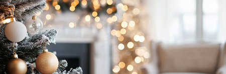 A beautifully decorated Christmas tree adorned with golden ornaments stands in a softly lit room. Presents wrapped in elegant paper with ribbons sit nearby, creating a festive atmosphere.の素材