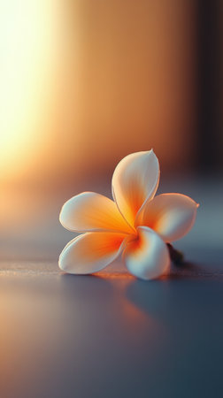 A plumeria flower displays its soft petals in warm hues, gently resting on a smooth surface. The background features a calming glow, suggesting a peaceful evening atmosphere.の素材