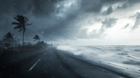 The ocean is churning with powerful waves, while dark clouds gather ominously above. Palm trees sway violently in the strong winds, indicating an approaching stormy evening.の素材