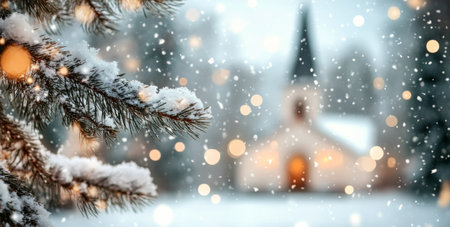 A tranquil winter scene showcases a church in the background surrounded by snow-covered trees, while shimmering lights adorn a nearby branch. Soft snowfall adds to the serene atmosphere.の素材