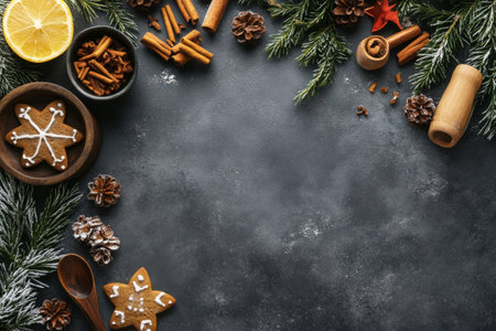 A variety of baking ingredients and festive decorations are spread out on a dark countertop. Items include flour, spices, almonds, and gingerbread cookies, evoking a holiday atmosphere.の素材