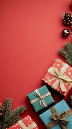 A collection of beautifully wrapped Christmas gifts in green and red sits on a bright red surface, accompanied by golden ornaments and decorative pinecones, creating a festive atmosphere.の素材