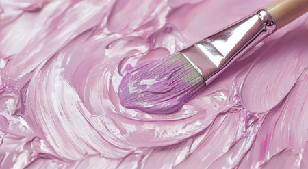 A brush touches a vibrant lavender paint layer on a canvas, showing the smooth texture and artistic process in an art studio environment, highlighting creativity in action.の素材
