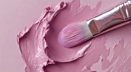 A brush touches a vibrant lavender paint layer on a canvas, showing the smooth texture and artistic process in an art studio environment, highlighting creativity in action.の素材