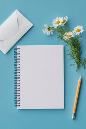A blank spiral notebook sits open next to a yellow pencil, fresh daisies, and a white envelope on a vibrant blue surface. The arrangement creates a serene and inviting workspace.の素材