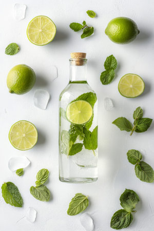 A clear bottle filled with water, mint leaves, and lime slices is surrounded by fresh limes and mint. The arrangement showcases a vibrant, refreshing beverage concept.の素材