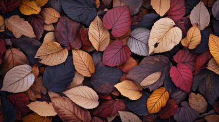 A variety of vibrant autumn leaves in shades of red, orange, and yellow cover the forest ground during a sunny fall day, creating a natural tapestry of seasonal beauty and textures.の素材