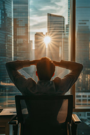 A business professional sits in an office chair with hands behind his head, gazing at the stunning sunset illuminating the city skylineの素材
