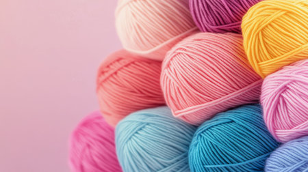 A variety of yarn skeins in bright colors are neatly arranged, showcasing shades from blue to pink, creating a visually appealing setup ideal for knitting and crocheting activities.の素材