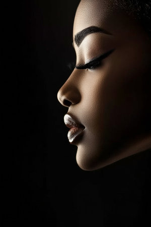 A woman's profile is captured in soft light, highlighting her striking features and graceful lines. The contrast enhances her beauty and the meticulous details of her expression.の素材