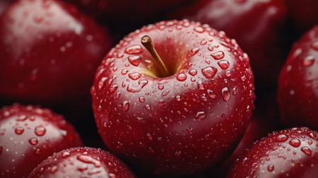A close-up view of vibrant red apples with glistening droplets on their surface, set against a dark backdrop. The freshness of the fruit is enhanced by a single green leaf on one apple.の素材