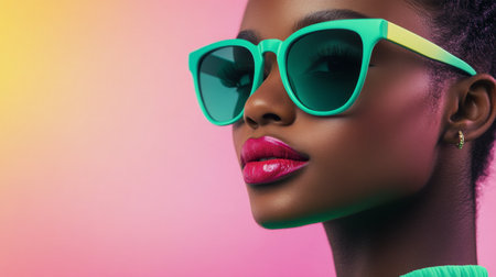 A woman showcases her style with brightly colored sunglasses, highlighting her bold makeup and confident expression. The vivid background enhances the lively atmosphere of the moment.の素材