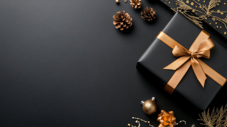 A beautifully arranged set of black gift boxes tied with gold ribbons is displayed alongside pinecones and evergreen branches, creating a festive atmosphere for the holiday season.の素材
